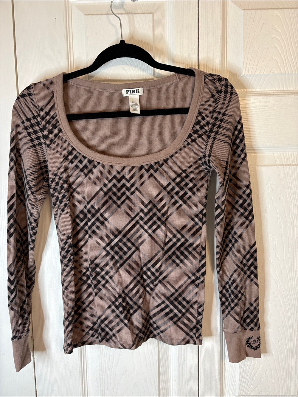 PINK Victoria's Secret Taupe Long Sleeve Scoop Neck Plaid Top Small waffle knit
